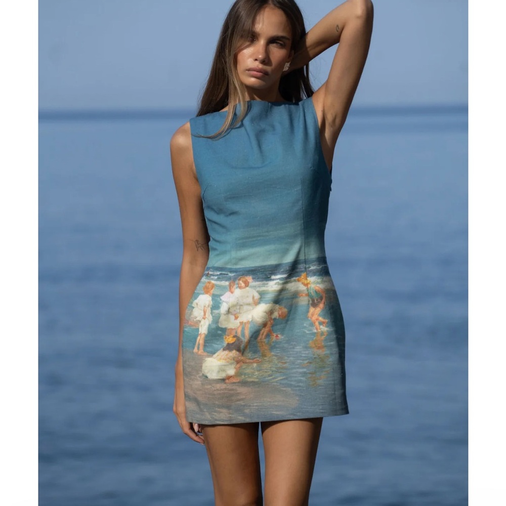 Chic Blue Beach Print Mini Dress